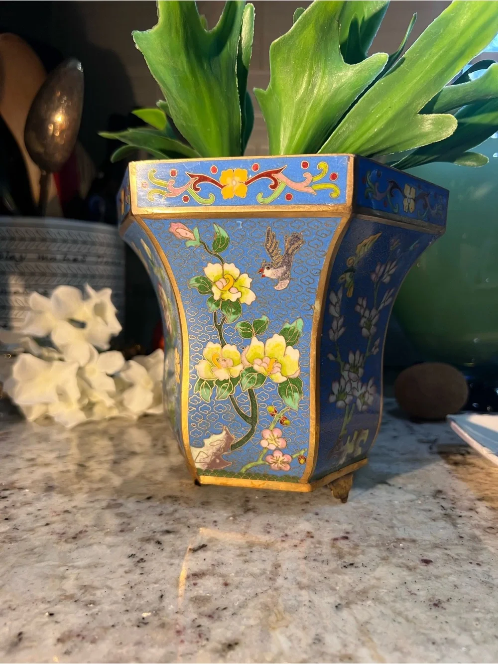 Blue Floral Cloisonné Decorative Planter read below